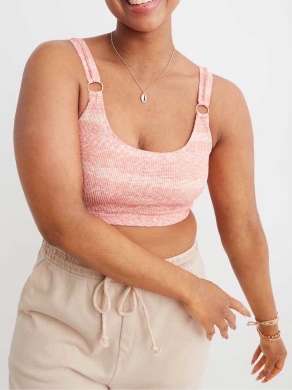 aerie Pink Crop Heathered Seemless Ring Ribbed Longline Bralette Top EUC Barbie